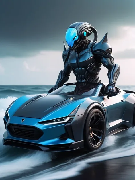 ral-opal, meahophontron, alien demon, with cyberpunk armor, (driving a super sports car) blue colors, black, gray with soft tones, background image: (driving through the sea)