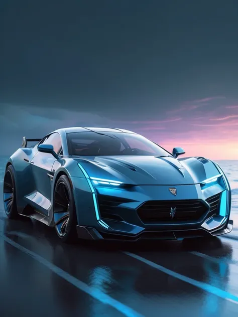 ral-opal, meahophontron, alien demon, with cyberpunk armor, (driving a super sports car) blue colors, black, gray with soft tones, background image: (driving through the sea)