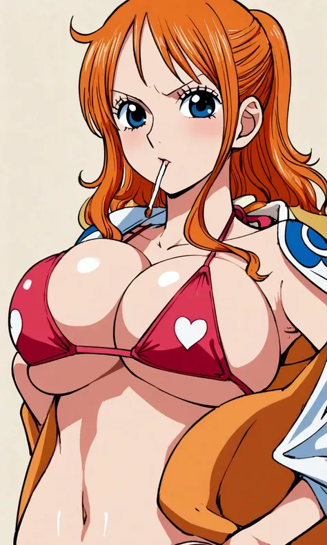 a cartoon picture of a woman in a bikini top and jeans, nami one piece, nami from one piece, nami, beautiful portrait of nami, from one piece, oppai, blue eyes, smoking, ponytail, nsfw