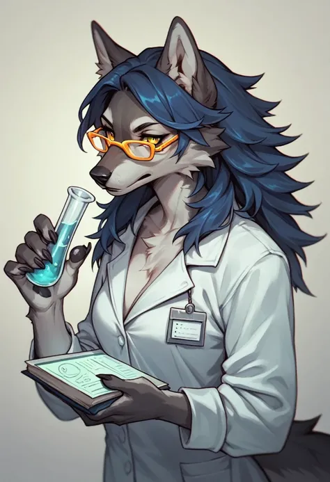 solo female,Furry,wolf,dark gray feathers,dark blue hair,scientist,And wears yellow framed glasses