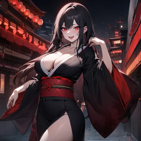 Top quality, masterpiece, vampire girl,Long black hair down to the shoulders, red eyes, fangs, kimono, Large Breasts,darkness, Japanese style cityscape, smile,whole body