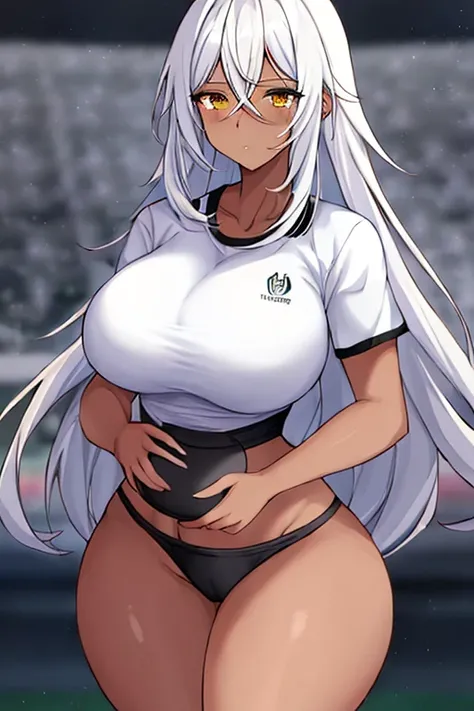 1girl, anime style, 2d, anime screencap, dark skin, black skin, dark-skinned female, white hair, long hair, large breasts, wide hips, thick thighs, shirt, sportswear, shy, sports bra, screencap, masterpiece, hourglass figure, mature female