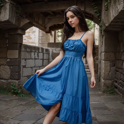 Draw a girl with long dark hair in a beautiful blue dress