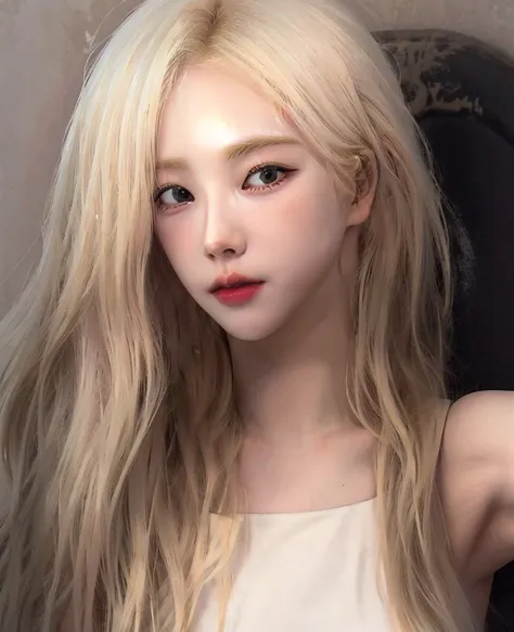 blond woman with long hair and white tank top taking a selfie, pale hair, very very pale blond hair, her hair is white, extremely pale blond hair, pale porcelain white skin, with white long hair, white hime cut hairstyle, pale glowing skin, korean girl, ro...