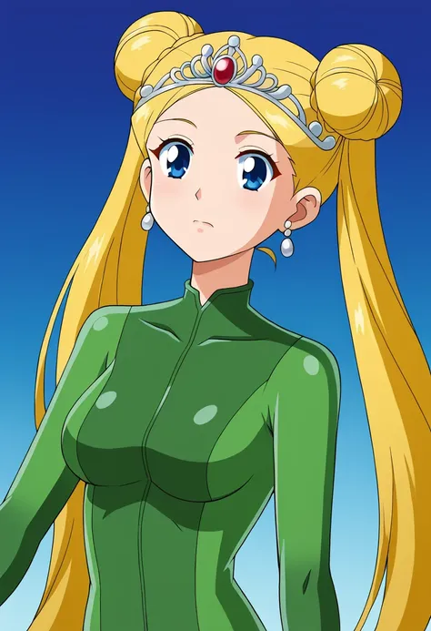 aausagi, long hair, double bun, twintails, parted bangs, blonde ,tiara, earrings, blue eyes, green bodysuit