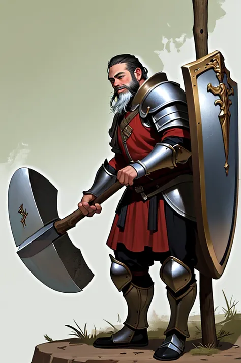 dwarf with beard,in armor, holds an ax in one hand,to another shield

