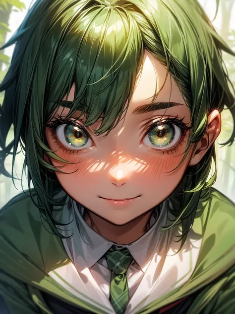 Young girl, short, messy green hair framing a face dominated by large, curious brown eyes and a warm smile. The uniform she wore identified her as a high school student. She is in a forest.