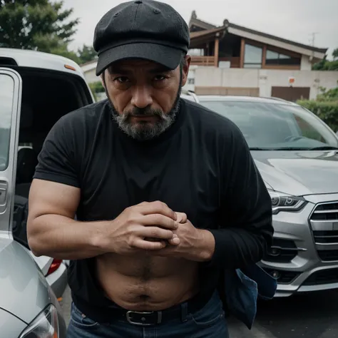 a middle-aged man in a cap with a beard next to a Korean car