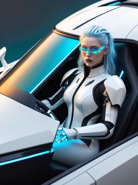 ral-opal, meahophontron, cyberpunk demonio, (White suit , black gray) With futuristic armor, (along with a super sports car) blue colors, black, gray with soft tones, background image: (driving through the sea)