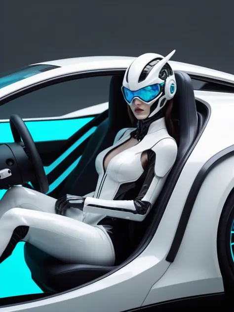 ral-opal, meahophontron, cyberpunk demonio, (White suit , black gray) With futuristic armor, (along with a super sports car) blue colors, black, gray with soft tones, background image: (driving through the sea)