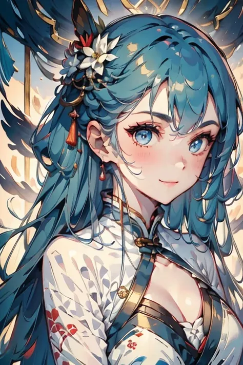 The heroine，Chinese Beauty，Blue Hair，blue eyes，Smile