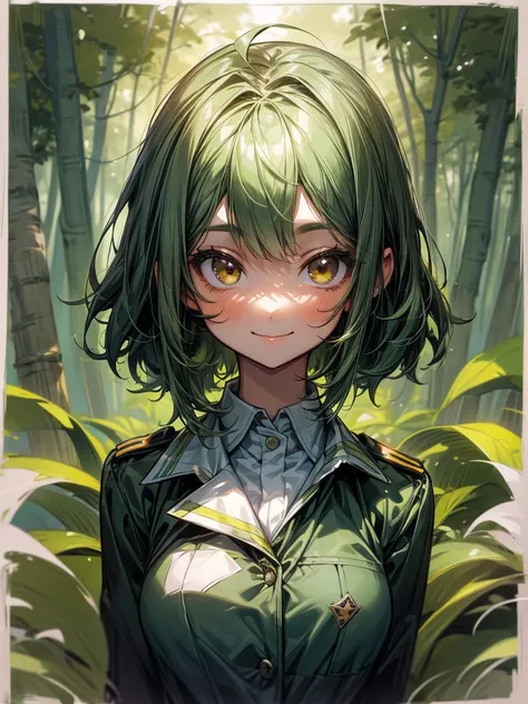 Young girl, short, messy green hair framing a face dominated by large, curious brown eyes and a warm smile. The uniform she wore identified her as a high school student. She is in a forest.