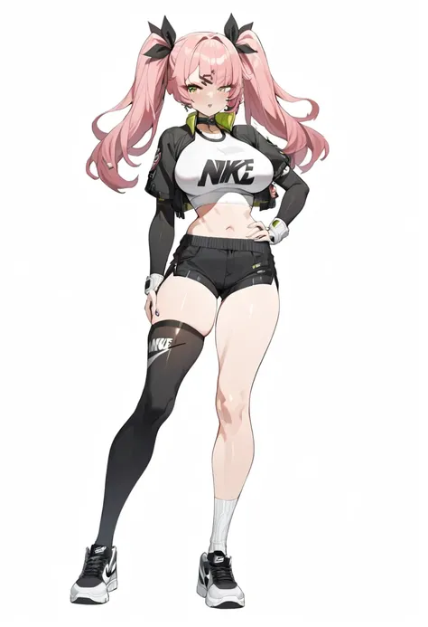 8k, best quality, masterpiece, (ultra-detailed:1.1), (one green eye:1.3), (high detailed skin), (full body:1.2), white background, standing, looking at viewer, (solo:1.4), hand on hip, nike, 1girl, large breasts, hair ribbon, twintails, pink hair, tube top...