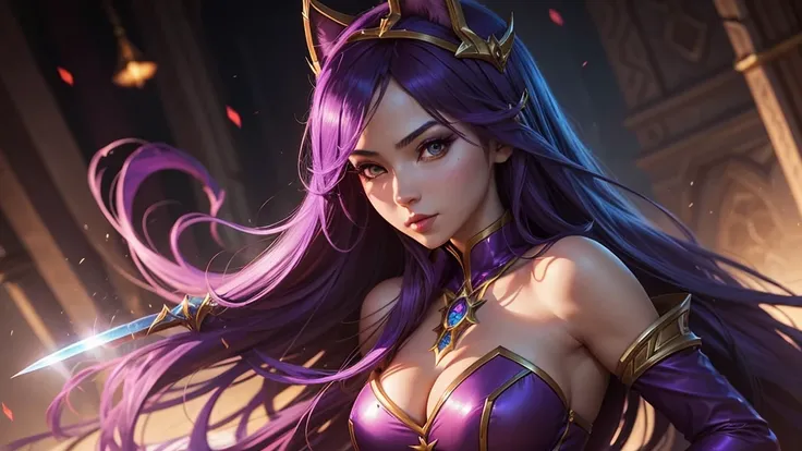 a close up of a woman with a sword and a purple dress, extremely detailed artgerm, league of legends character, ig model | artgerm, samira from league of legends, irelia, from league of legends, seraphine ahri kda, league of legends character art, league o...