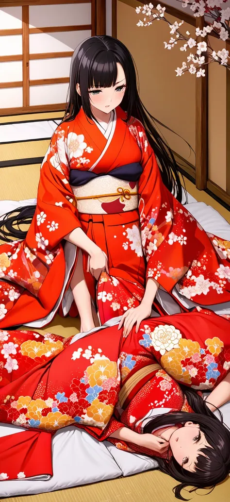 close-up of a woman with black straight hime cut hair wearing a red and orange dress, red kimono with flower patterns, from the ...