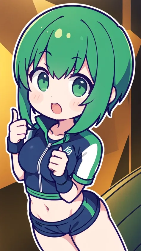 girl with short greenish hair giving a thumbs up to the camera automotive sportswear