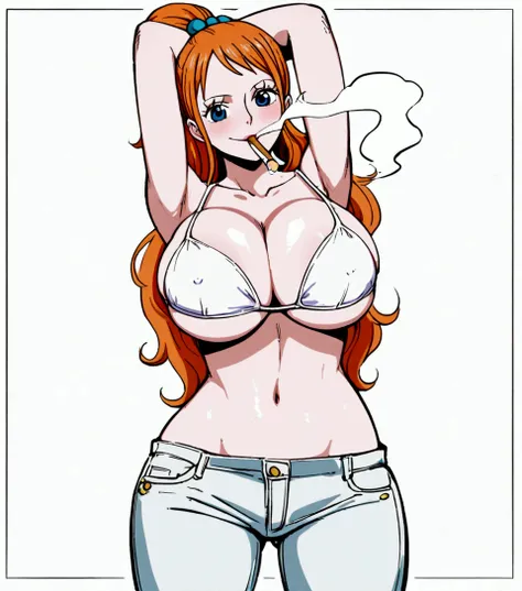 a cartoon picture of a woman in a bikini top and jeans, nami one piece, nami from one piece, nami, beautiful portrait of nami, from one piece, oppai, blue eyes, smoking, ponytail, nsfw