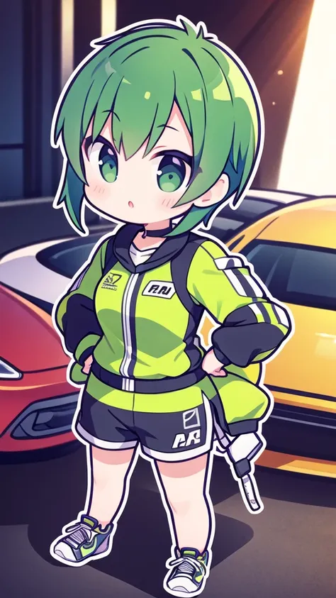 girl with short greenish hair giving a thumbs up to the camera automotive sportswear
