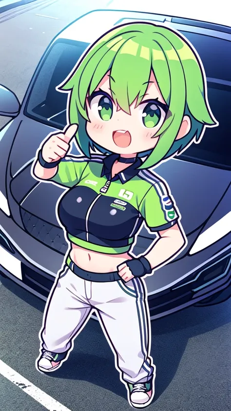 girl with short greenish hair giving a thumbs up to the camera automotive sportswear
