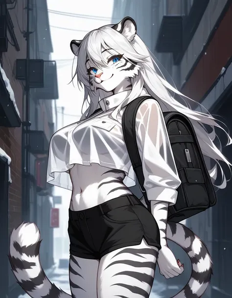 solo,score_9,score_8_up,score_7_up,source_Furry,(snow tiger girl,furry antero,mature female,blue eyes,white hair,(long hair):1.3,,silver fur,stripes,tail),white cropped crop top Long black raincoat, black shorts, standing, dark alley, black backpack on his...