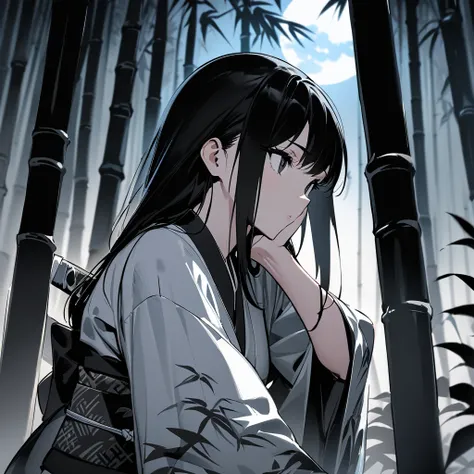 Top quality, masterpiece, high resolution, solo, sumi-e style, samurai girl, long black hair that reaches her shoulders, black eyes, kimono, holding a Japanese sword, beautiful posture, bamboo forest, moonlit night
