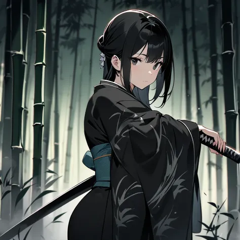 Top quality, masterpiece, high resolution, solo, sumi-e style, samurai girl, long black hair that reaches her shoulders, black eyes, kimono, holding a Japanese sword, beautiful posture, bamboo forest, moonlit night
