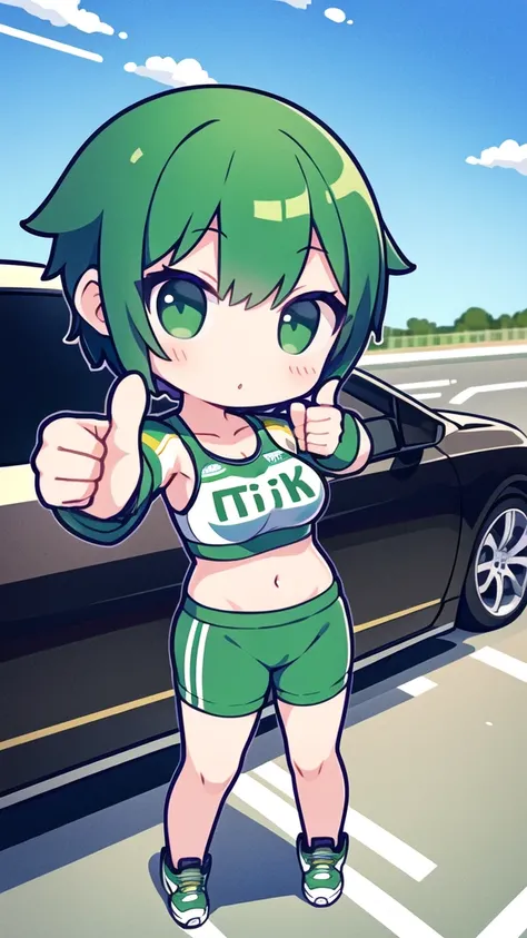 girl short greenish hair giving a thumbs up to the camera sad automotive sportswear