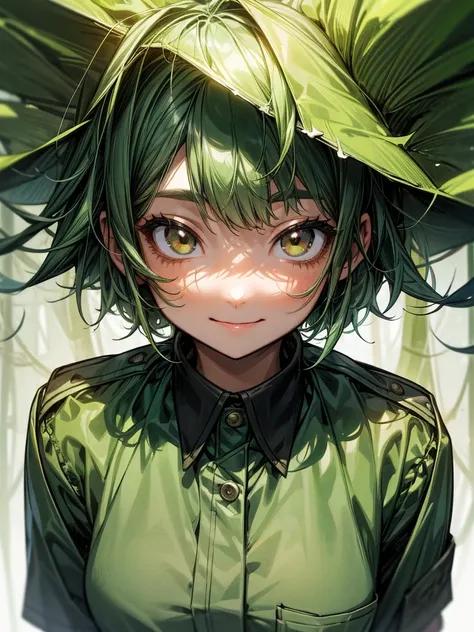 Young girl, short, messy green hair framing a face dominated by large, curious brown eyes and a warm smile. The uniform she wore identified her as a high school student. She is in a forest.