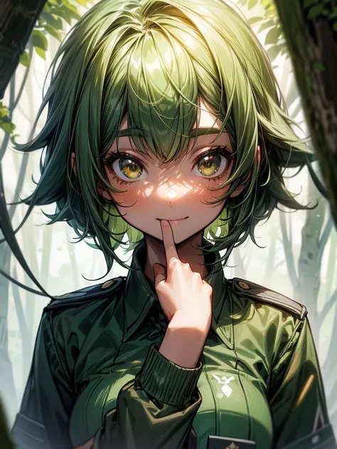 Young girl, short, messy green hair framing a face dominated by large, curious brown eyes and a warm smile. The uniform she wore identified her as a high school student. She is in a forest.