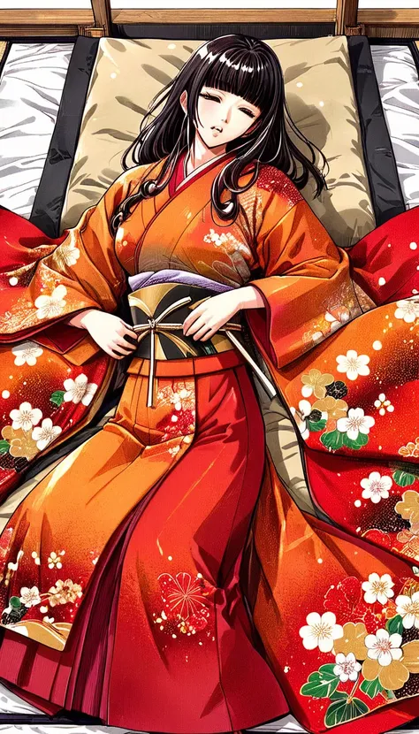 close-up of a woman with black straight hime cut hair wearing a red and orange dress, red kimono with flower patterns, from the ...