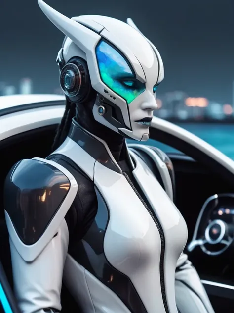 ral-opal, meahophontron, cyberpunk demon, (White suit , black gray) With futuristic armor, (along with a supercar) blue colors, negro, gray with soft tones, background image: (driving through the sea)