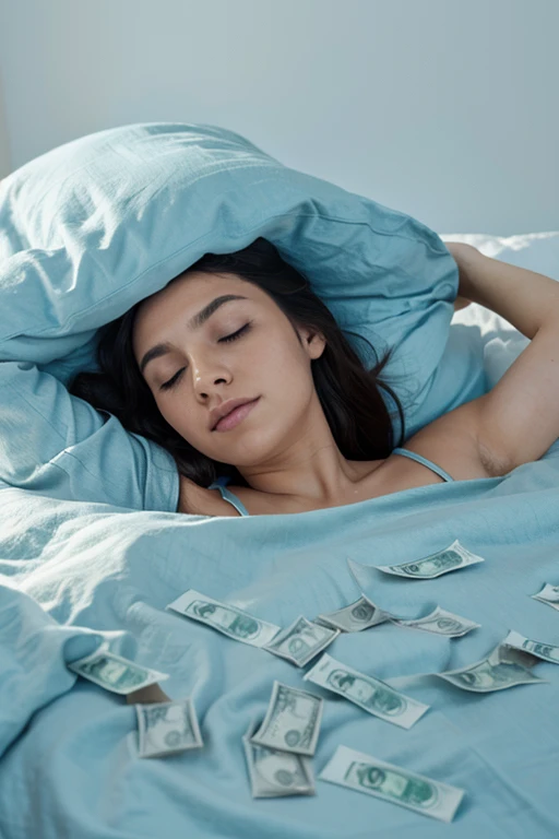 A person sleeping peacefully with money bills around them and a soft blue background.