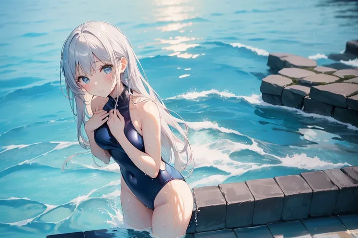 (Highest quality、detailed、Masterpiece、８K)、((((５Cute woman in person))))、(Standing and hugging in the pool)、((water surface；０．４))、slender、Wet Skin、Shiny sexy swimsuit