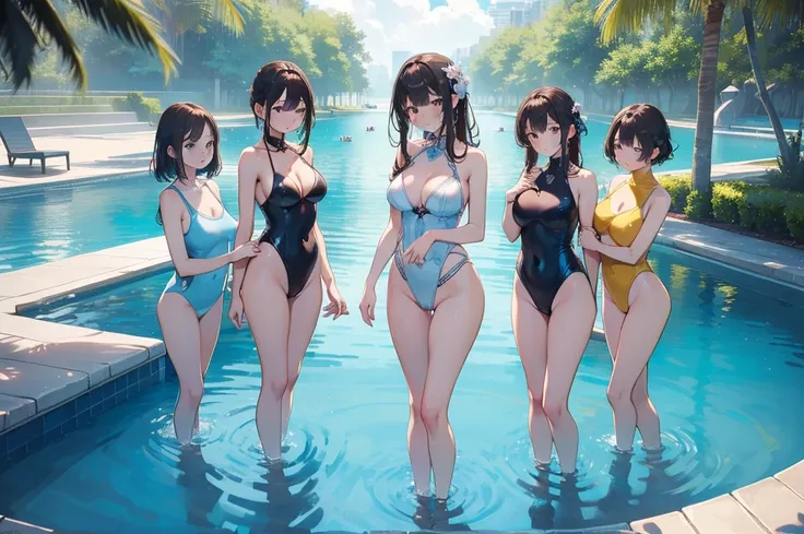 (Highest quality、detailed、Masterpiece、８K)、((((５Cute woman in person))))、(Standing and hugging in the pool)、((water surface；０．４))、slender、Wet Skin、Shiny sexy swimsuit