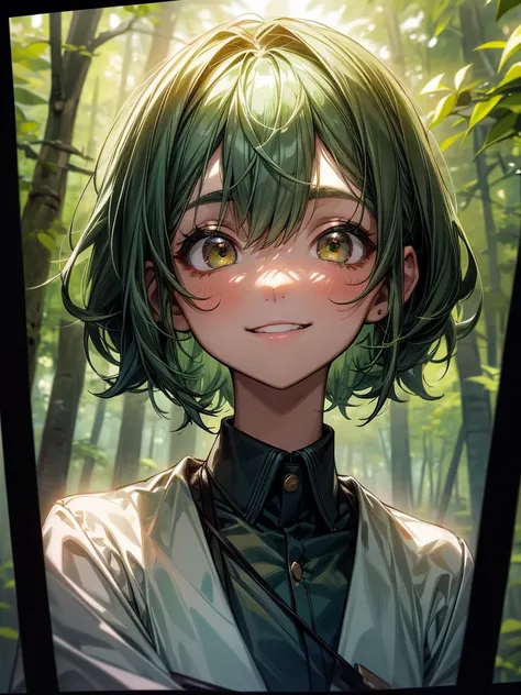 Young girl, short, messy green hair framing a face dominated by large, curious brown eyes and a warm smile. The uniform she wore identified her as a high school student. She is in a forest.