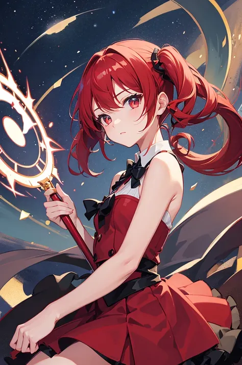 1girl, solo, best quality, masterpiece , Ruby Hoshino,  red hair in pigtails, sparking eyes, star on eye, magician(with staff)