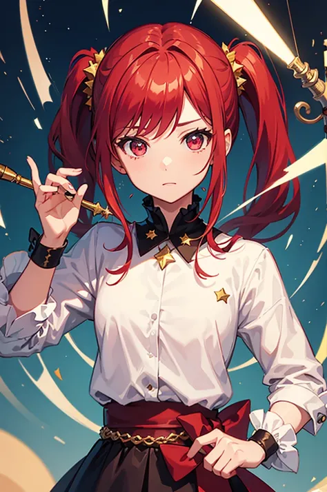 1girl, solo, best quality, masterpiece , Ruby Hoshino,  red hair in pigtails, sparking eyes, star on eye, magician(with staff)