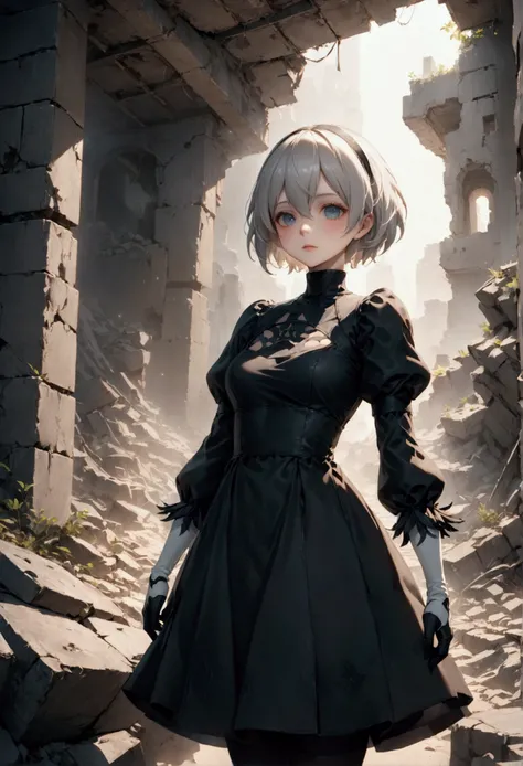 ((Highest quality)), ((Artwork)), (Very detailed:1.3), 2B in the ruins of a forgotten war city, Ancient Technology, Nier Automata, Are standing, whole body, Photo Essay, Face Focus, Gazing at the sky, High resolution (High Frequency Dynamics), Ray Tracing,...