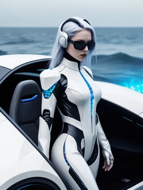 ral-opal, meahophontron, cyberpunk demonio, women (White suit , black gray) With futuristic armor, (along with a super sports car) blue colors, black, gray with soft tones, background image: (driving through the sea)