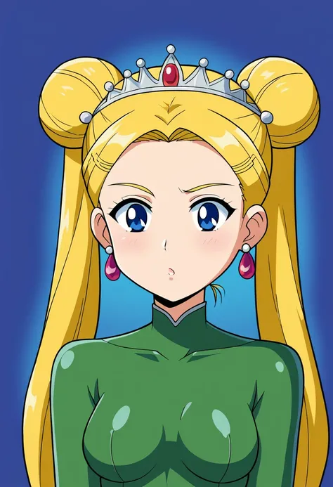 aausagi, long hair, double bun, twintails, parted bangs, blonde ,tiara, earrings, blue eyes, green bodysuit