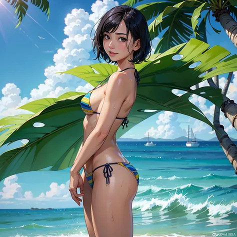 ((highest quality, masterpiece, High resolution)), ((reality)),Photos of beautiful Japanese women,((anime art))、 (((1 girl))), normal size breasts, slim body shape,  medium short hair, double eyelid, Wet see-through micro bikini,  A pareo with bold ethnic ...