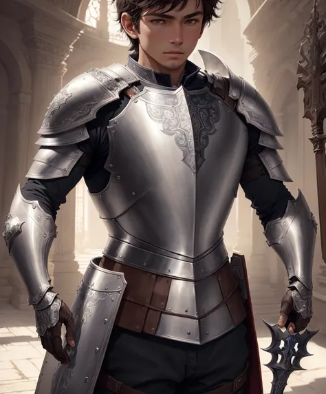 absurdres,beautiful and detailed illustration,masterpiece,best quality,ultra-detailed,soft lighting,1boy, cowboy shot, solo, solo focus, armor, knight, intricate armor, intricate shield, holding shield, holding greatsword,  drawn in the artstyle of short b...