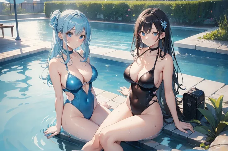 (Highest quality、detailed、Masterpiece、８K)、((((５Cute woman in person))))、(Sitting side by side by the pool)、((water surface；０．４))、slender、Wet Skin、Shiny sexy swimsuit