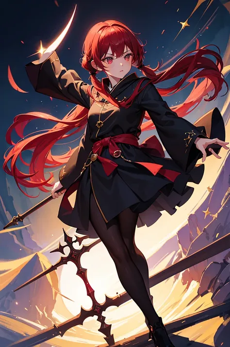 1girl, solo, best quality, masterpiece, Ruby Hoshino, red hair in pigtails, sparkling eyes, star on eye, 20 years old, long black robe, long black leggings, dark mage, magician with long staff, intricate details, cinematic lighting, dramatic shadows, vibra...