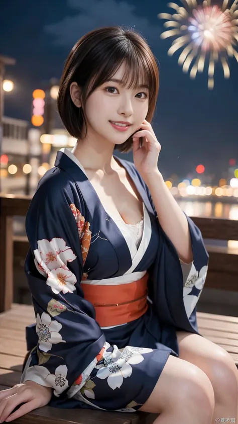 (8k、RAW Photosgraphy、Highest quality、masterpiece:1.2)、(Realistic、Photorealistic:1.37)、Ultra-high resolution、1 girl、cute、alone、night、Sitting、date、(Nose redness)、(Laughter:1.1)、(Closed)、Big Breasts、Beautiful Eyes、(short hair:1.2)、(((fireworks filling the sky...