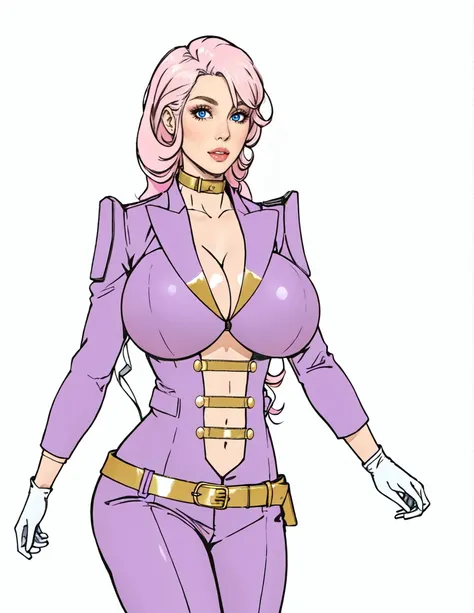 adult woman, white blon long  curly hair, pink latex blazer  outfit,pink shoulder pads, pink boots,gold belts, white gloves, blue eyes, big breast,walking