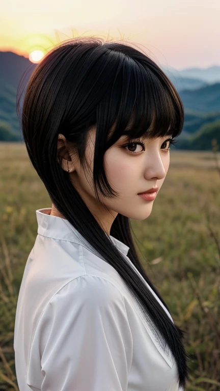 ,uma de uma mulher ela tem cabelo preto with bangs, Hime black haircut, ulzzang, korean, with short hair with bangs, with short hair, dilraba dilmurat, garota gótica korean cruel, white hime cut hairstyle, hair styled like bangs, with bangs, korean symmetr...