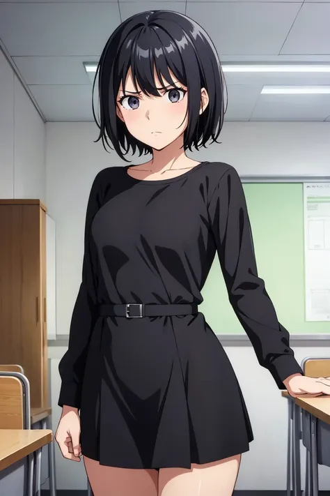 (artwork, best quality) a girl with short black hair, gray eyes, black long-sleeved short dress, upset, in a classroom