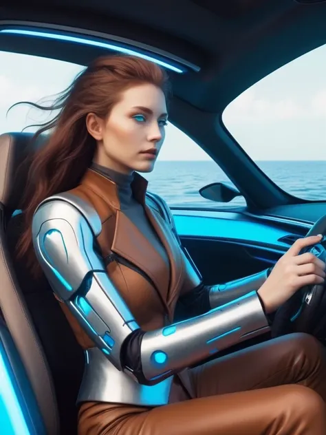 ral-opal, meahophontron, cyberpunk demonio, women (brown suit, light blue, light grey) With futuristic armor, (along with a super sports car) blue colors, black, gray with soft tones, background image: (driving through the sea)