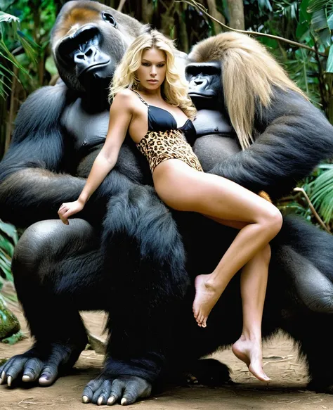  A Limp fainted sleepy   blonde leopard thong cavewoman  being carried by giant gorilla in his arms cradling her nsfw